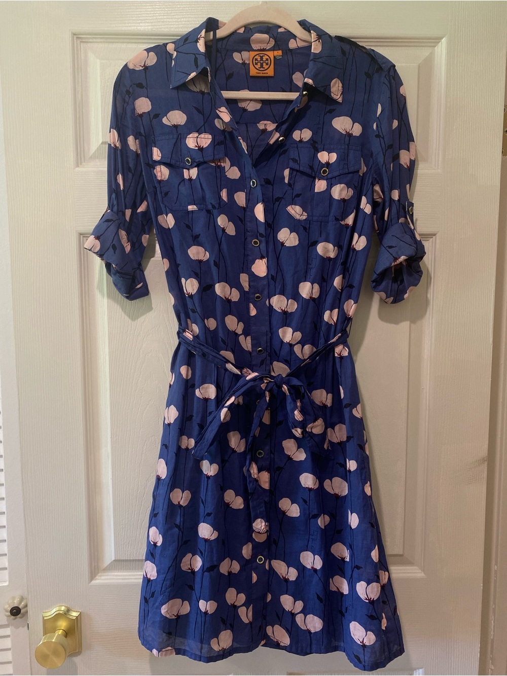Tory Burch Navy and Blush Floral Signature Print 100% Cotton Dress Women’s Sz 8